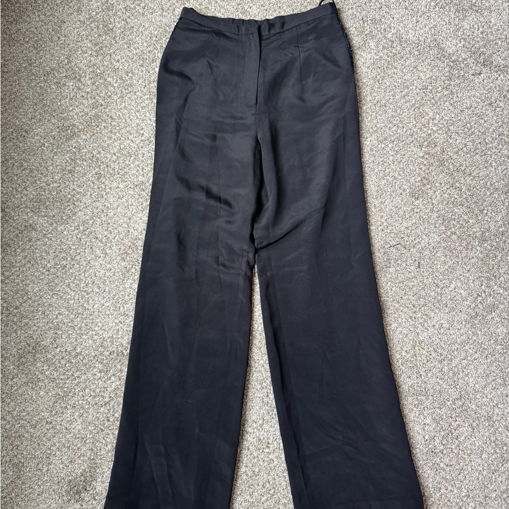 Vintage Laurence Kazar Black Wide Leg Silk Pants w Beaded Leg